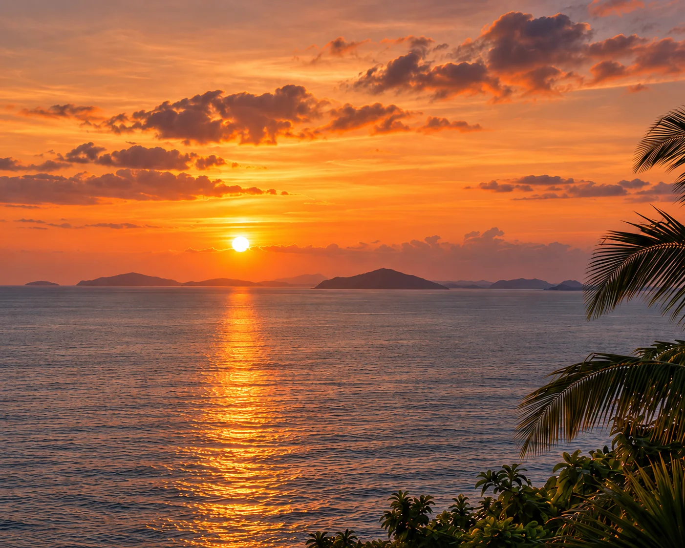 Golden sunset over calm tropical water, with distant islands and palm fronds along the right edge.